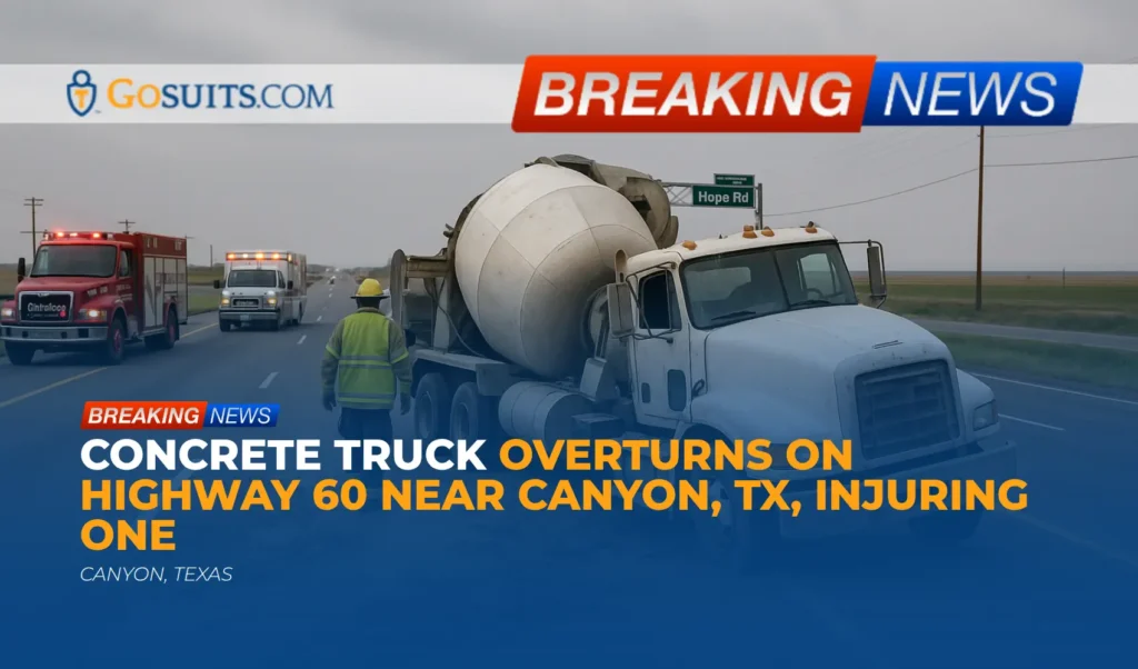 Concrete Truck Overturns on Highway 60 Near Canyon, TX, Injuring One