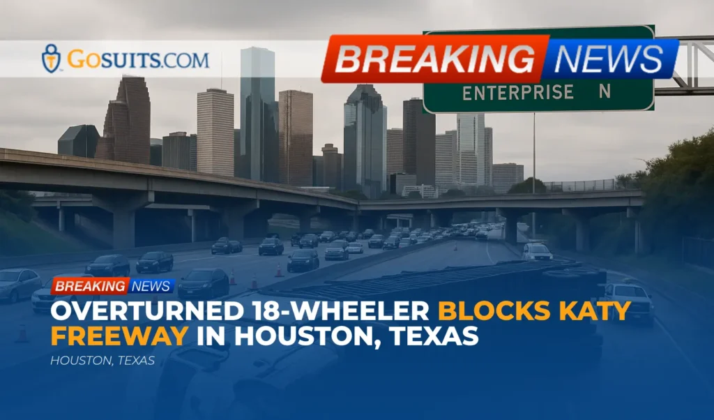 Overturned 18-Wheeler Blocks Katy Freeway in Houston, Texas