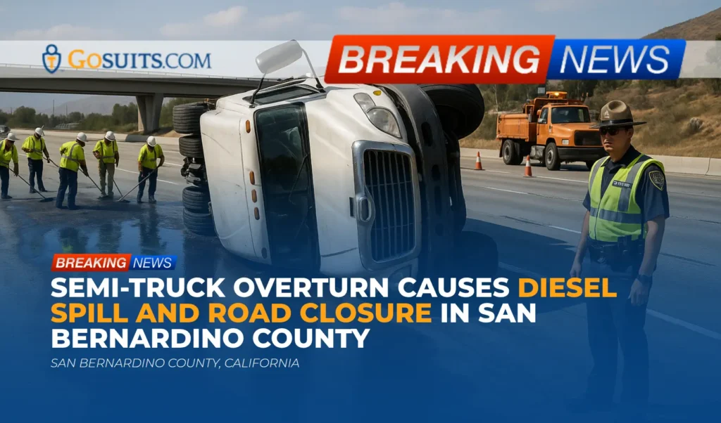 Semi-Truck Overturn Causes Diesel Spill and Road Closure in San Bernardino County