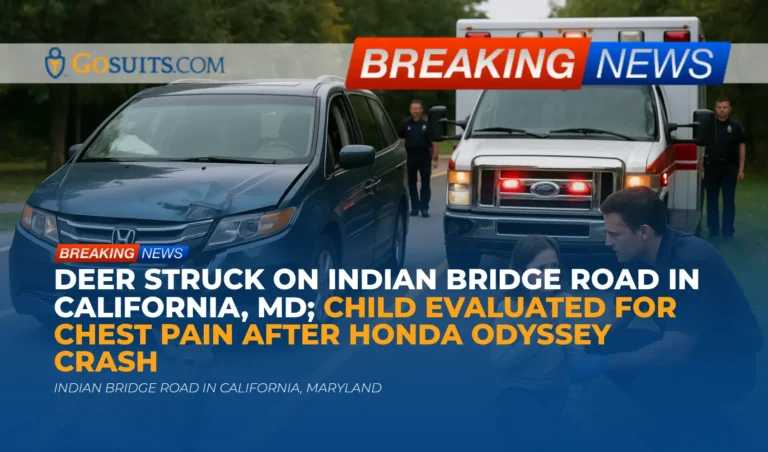 Deer Struck on Indian Bridge Road in California, MD; Child Evaluated for Chest Pain After Honda Odyssey Crash