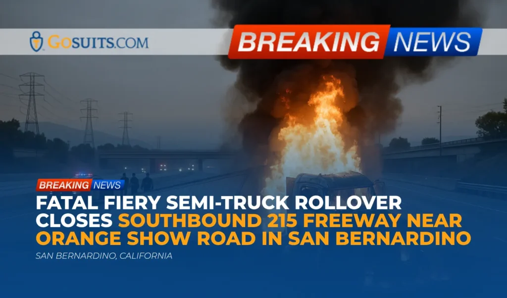 Fatal Fiery Semi-Truck Rollover Closes Southbound 215 Freeway Near Orange Show Road in San Bernardino