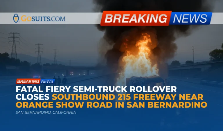 Fatal Fiery Semi-Truck Rollover Closes Southbound 215 Freeway Near Orange Show Road in San Bernardino