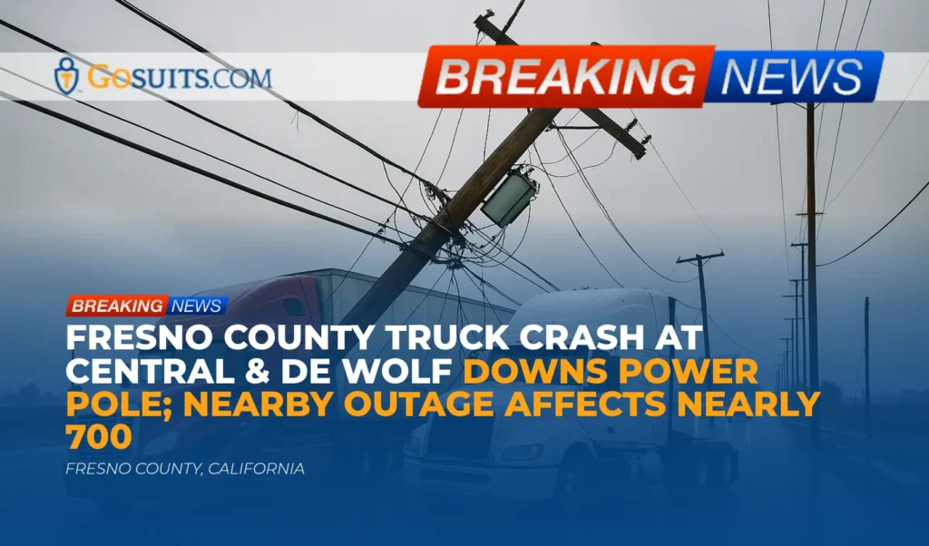 Fresno County Truck Crash at Central & De Wolf Downs Power Pole; Nearby Outage Affects Nearly 700