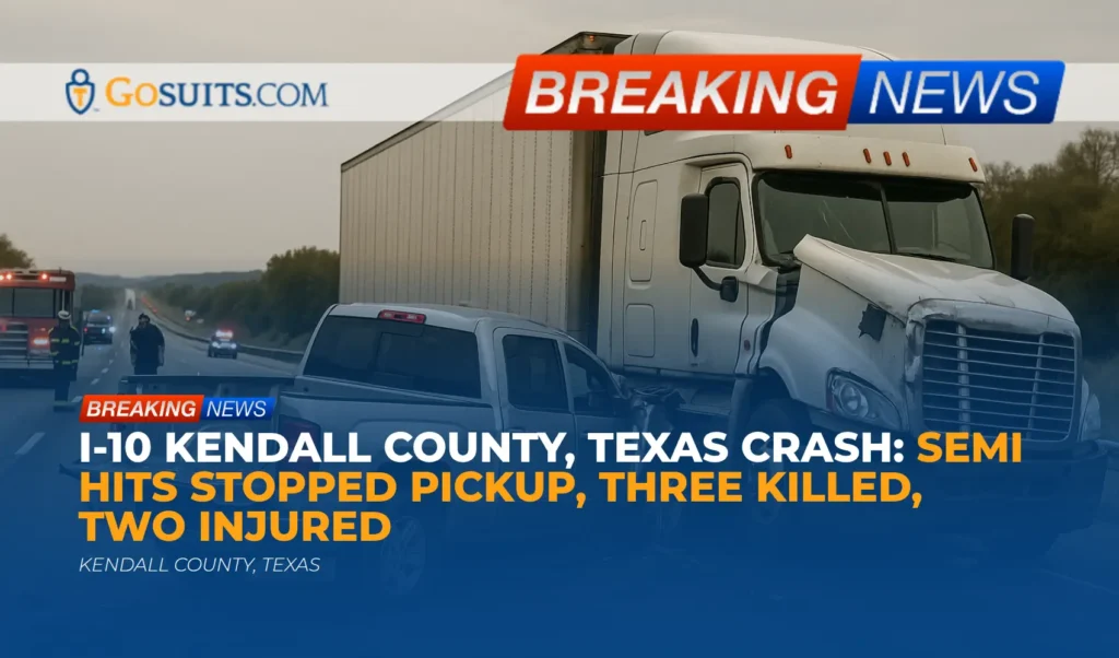 I-10 Kendall County, Texas Crash: Semi Hits Stopped Pickup, Three Killed, Two Injured