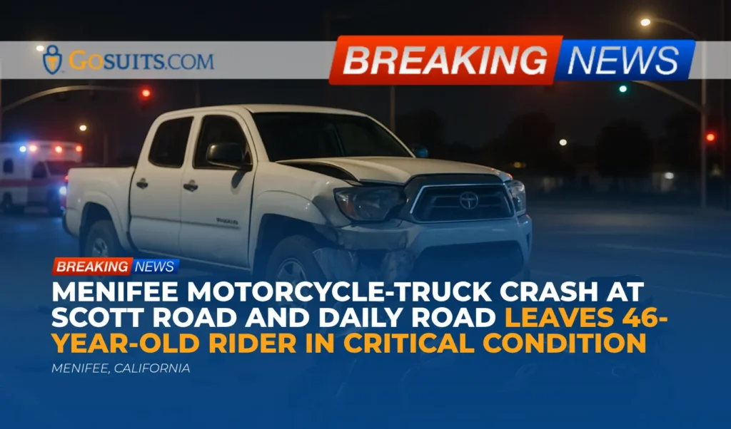 Menifee motorcycle-truck crash at Scott Road and Daily Road leaves 46-year-old rider in critical condition