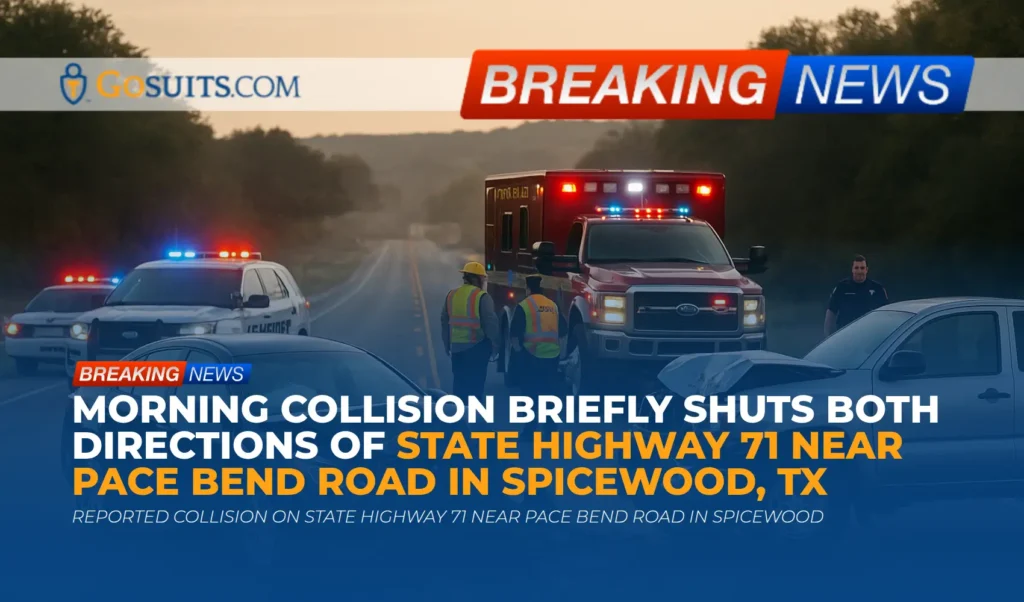 Morning collision briefly shuts both directions of State Highway 71 near Pace Bend Road in Spicewood, TX