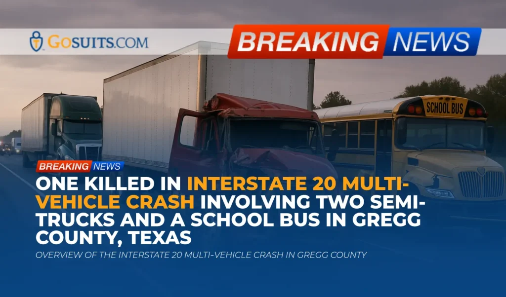 One Killed in Interstate 20 Multi-Vehicle Crash Involving Two Semi-Trucks and a School Bus in Gregg County, Texas