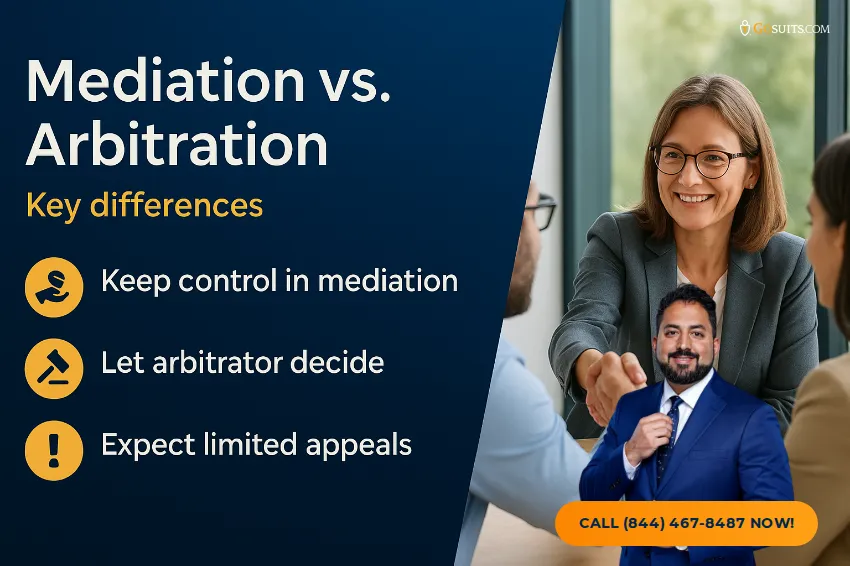 Mediation vs. Arbitration in Personal Injury Cases | GoSuits Infographic