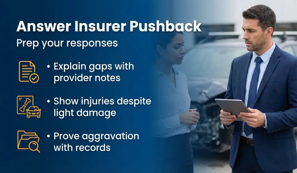 Infographic: Answer Insurer Pushback — Prep your responses: Explain gaps with provider notes; Show injuries despite light damage; Prove aggravation with records