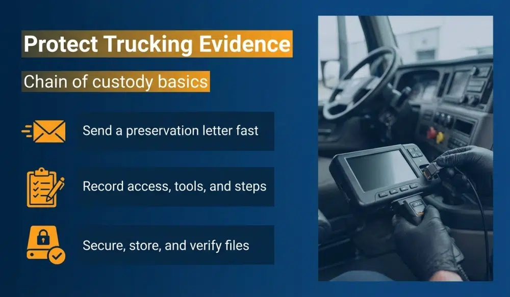 Infographic: Protect Trucking Evidence — Chain of custody basics (Send a preservation letter fast; Record access, tools, and steps; Secure, store, and verify files)