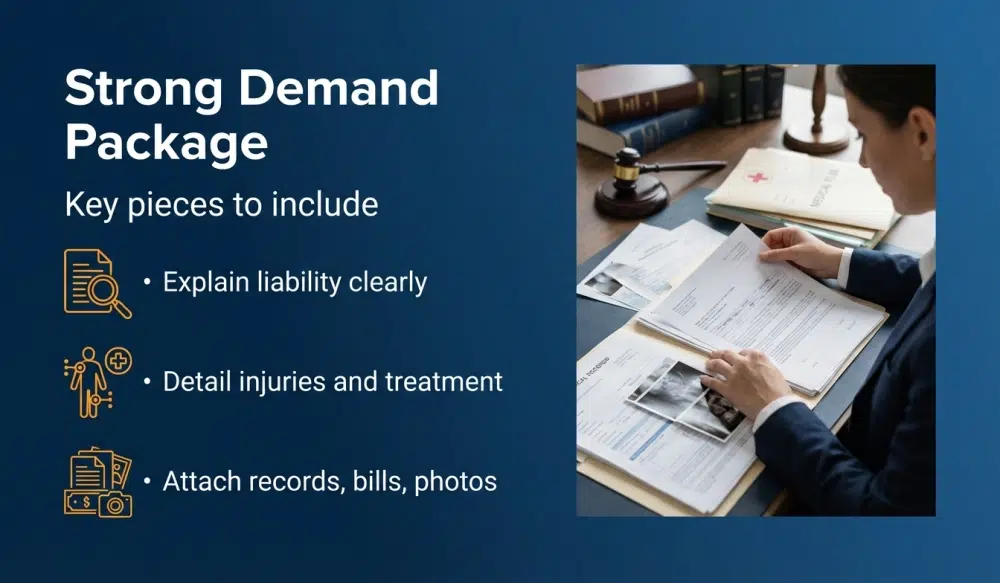 Infographic: Strong Demand Package — Key pieces to include: Explain liability clearly; Detail injuries and treatment; Attach records, bills, photos
