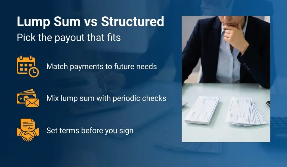 Lump Sum vs Structured - match payments to needs, mix lump sum with periodic checks, set terms before signing