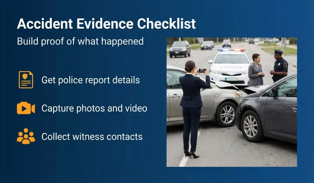 Accident Evidence Checklist - Get police report details, capture photos and video, collect witness contacts