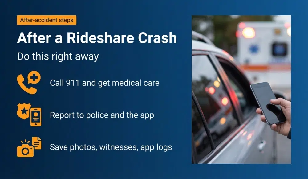 After a Rideshare Crash infographic: Call 911 and get medical care; Report to police and the app; Save photos, witnesses, app logs