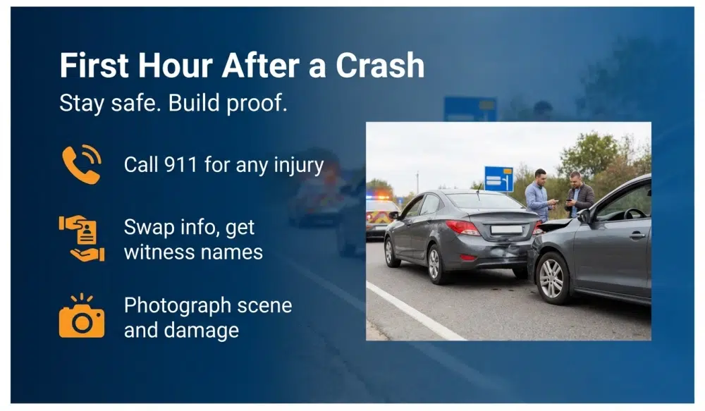 First Hour After a Crash - Stay safe. Build proof.