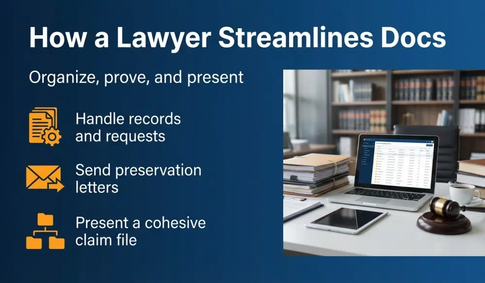 How a Lawyer Streamlines Docs - Organize, prove, and present: Handle records and requests; Send preservation letters; Present a cohesive claim file