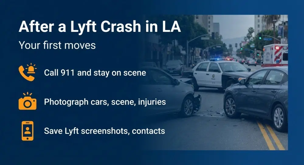 Infographic: After a Lyft Crash in LA — Your first moves: Call 911 and stay on scene; Photograph cars, scene, injuries; Save Lyft screenshots, contacts