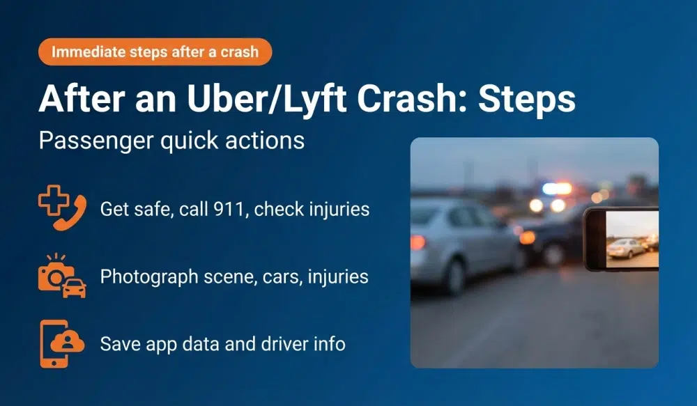 Infographic: After an Uber/Lyft Crash — Steps. Get safe, call 911, check injuries; Photograph scene, cars, injuries; Save app data and driver info.