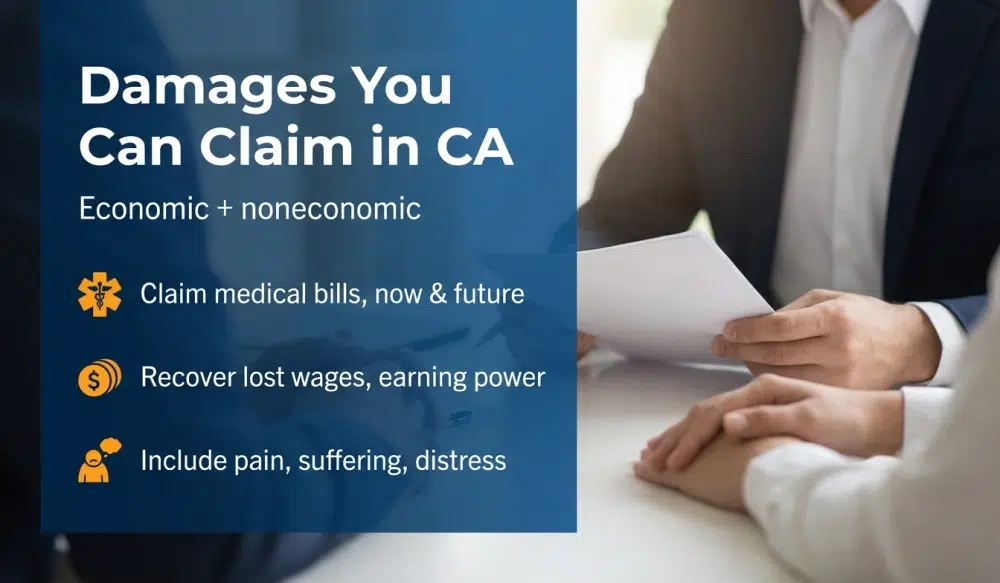 Infographic: Damages You Can Claim in California — medical bills, lost wages, pain and suffering.