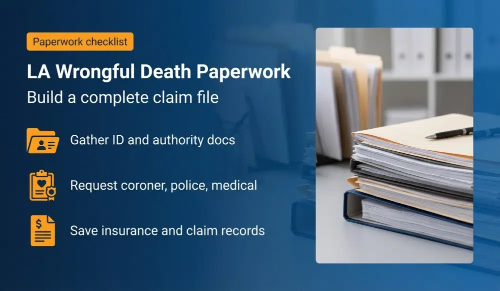 LA Wrongful Death Paperwork - Build a complete claim file: Gather ID and authority docs; Request coroner, police, medical; Save insurance and claim records