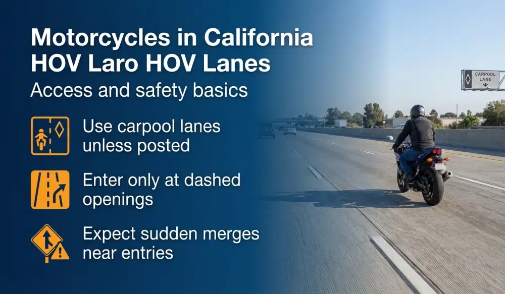 Motorcycles in California HOV Lanes infographic — Use carpool lanes unless posted; Enter only at dashed openings; Expect sudden merges near entries