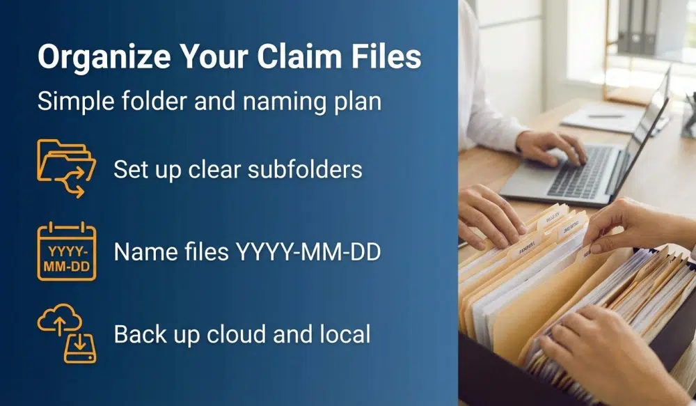 Organize Your Claim Files infographic - Simple folder and naming plan: set up clear subfolders, name files YYYY-MM-DD, back up cloud and local