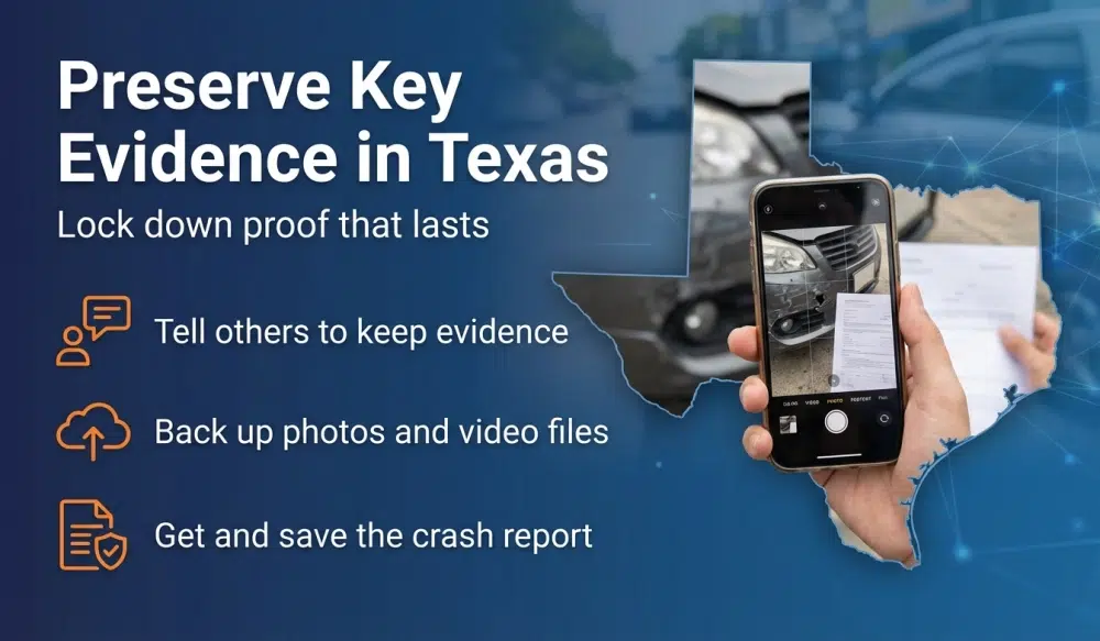 Preserve Key Evidence in Texas — Tell others to keep evidence; Back up photos and video files; Get and save the crash report