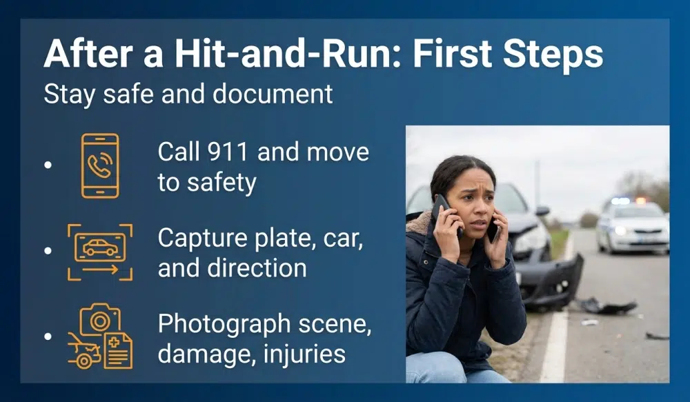 After a Hit-and-Run: First Steps — Stay safe and document. Call 911 and move to safety; Capture plate, car, and direction; Photograph scene, damage, injuries.