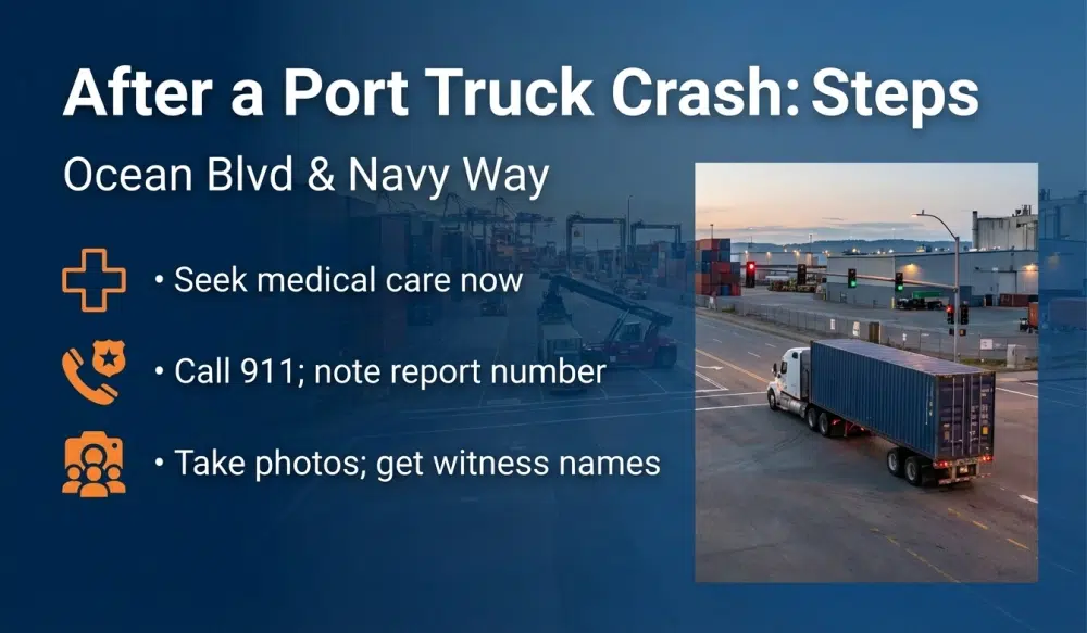 After a Port Truck Crash: Seek medical care, Call 911 and note report number, Take photos and get witness names