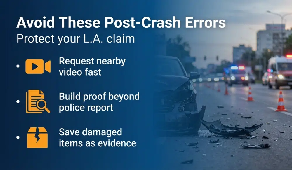 Avoid These Post-Crash Errors — Protect your L.A. claim: Request nearby video fast; build proof beyond police report; save damaged items as evidence