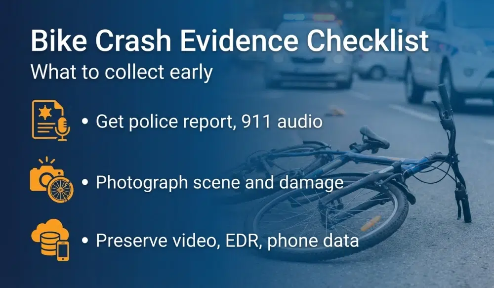 Bike Crash Evidence Checklist - What to collect early: Get police report, 911 audio; Photograph scene and damage; Preserve video, EDR, phone data