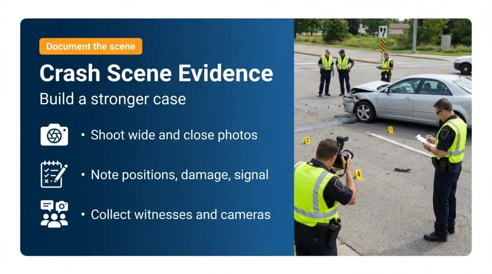 Crash Scene Evidence - Build a stronger case: Shoot wide and close photos; Note positions, damage, signal; Collect witnesses and cameras