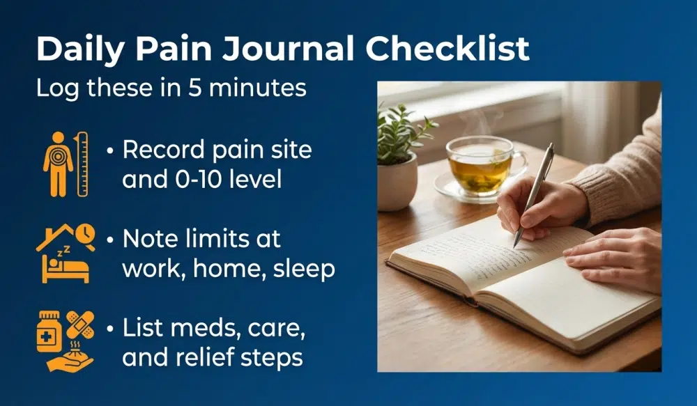 Daily Pain Journal Checklist: Log these in 5 minutes — Record pain site and 0-10 level; Note limits at work, home, sleep; List meds, care, and relief steps