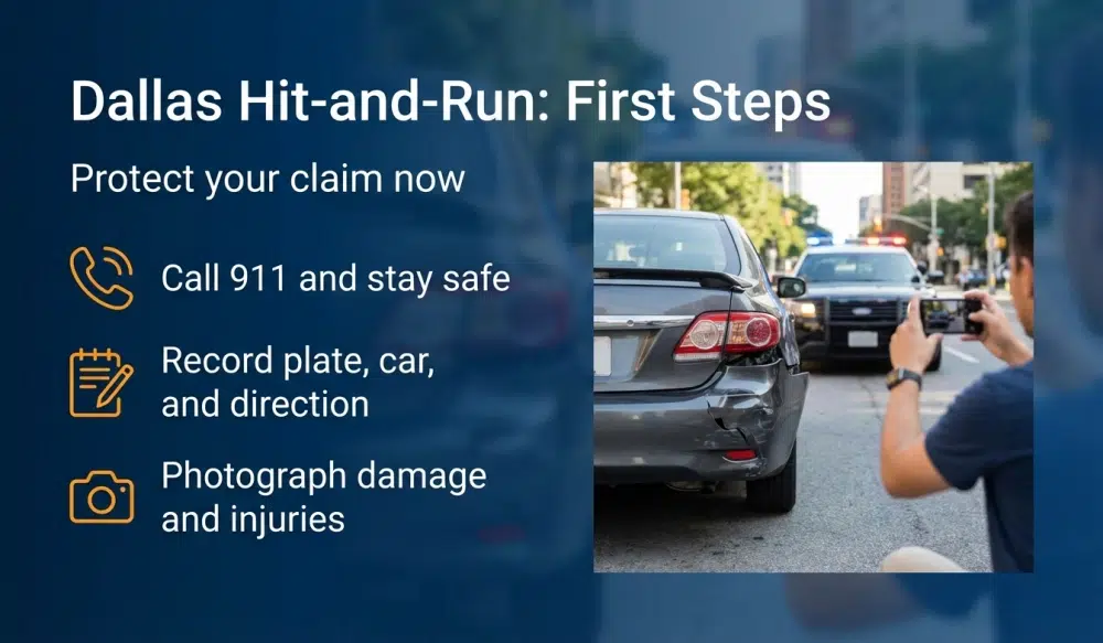 Dallas Hit-and-Run: First Steps infographic - Call 911, record plate and vehicle, photograph damage and injuries