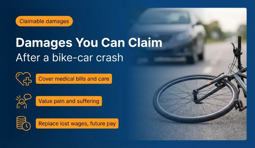 Damages You Can Claim - After a bike-car crash: Cover medical bills and care; Value pain and suffering; Replace lost wages