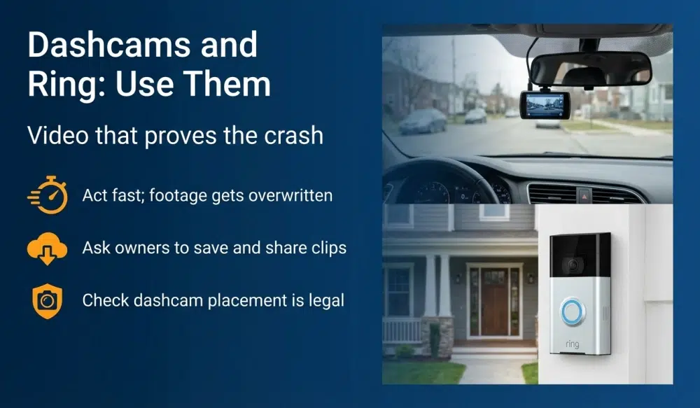 Dashcams and Ring infographic: Act fast; Ask owners to save and share clips; Check dashcam placement is legal