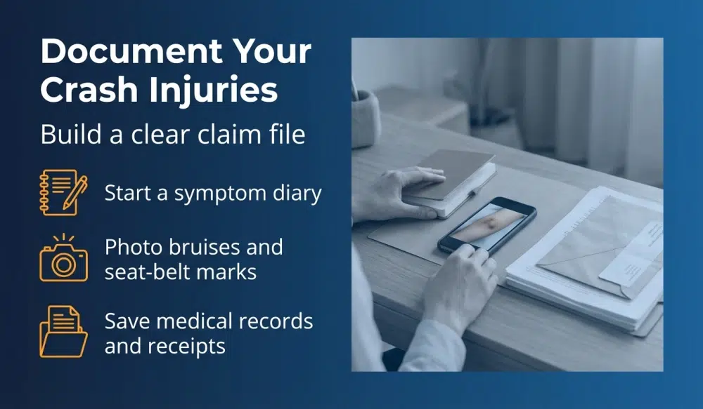 Document Your Crash Injuries infographic - Build a clear claim file