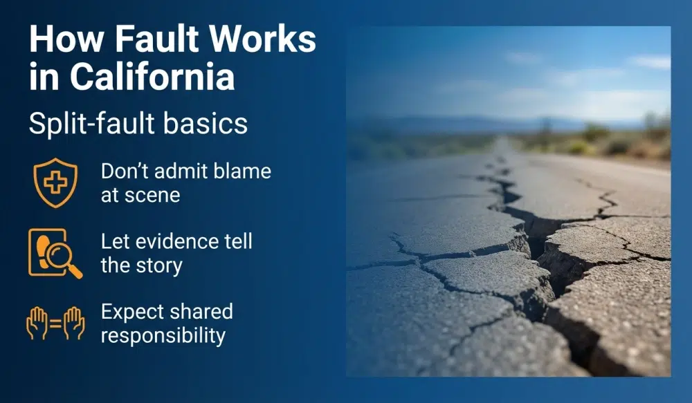 Infographic: How Fault Works in California - Don't admit blame at the scene; Let evidence tell the story; Expect shared responsibility