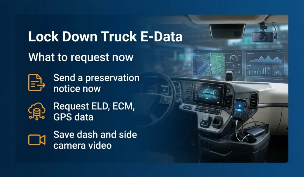 Infographic: Lock Down Truck E-Data — What to request now. Send a preservation notice now; Request ELD, ECM, GPS data; Save dash and side camera video.