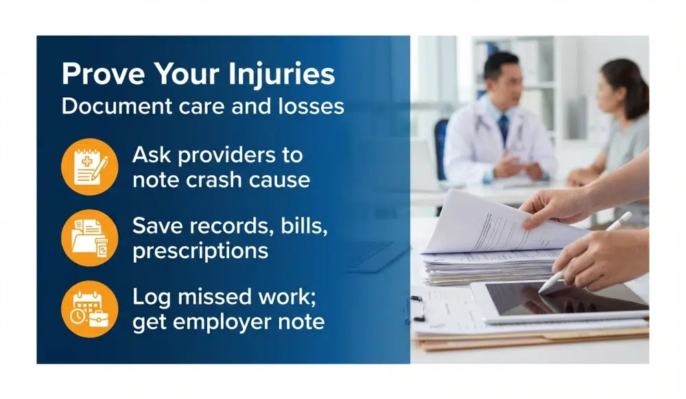 Infographic: Prove Your Injuries — Document care and losses. Ask providers to note crash cause; Save records, bills, prescriptions; Log missed work; get employer note.