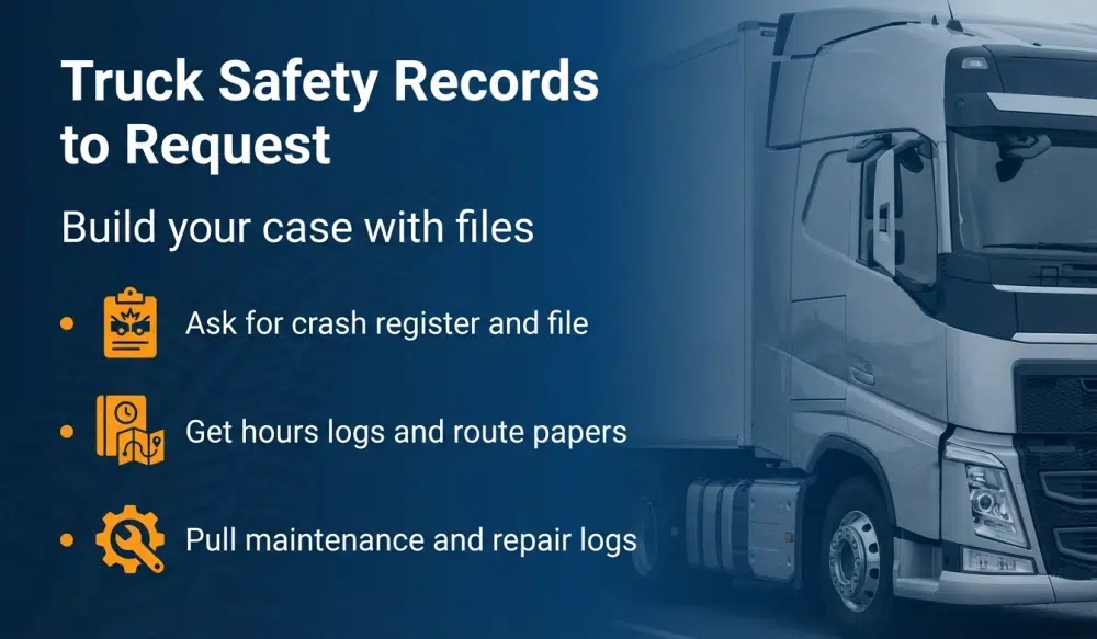 Infographic: Truck Safety Records to Request — Build your case with files. Ask for crash register and file; Get hours logs and route papers; Pull maintenance and repair logs