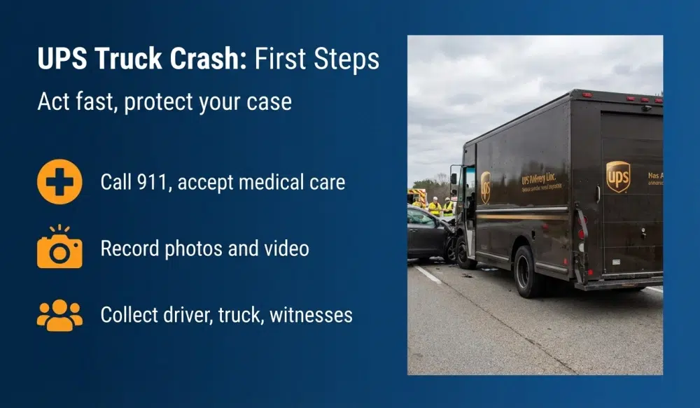 Infographic: UPS Truck Crash: First Steps — Act fast, protect your case. Call 911, accept medical care; Record photos and video; Collect driver, truck, witnesses