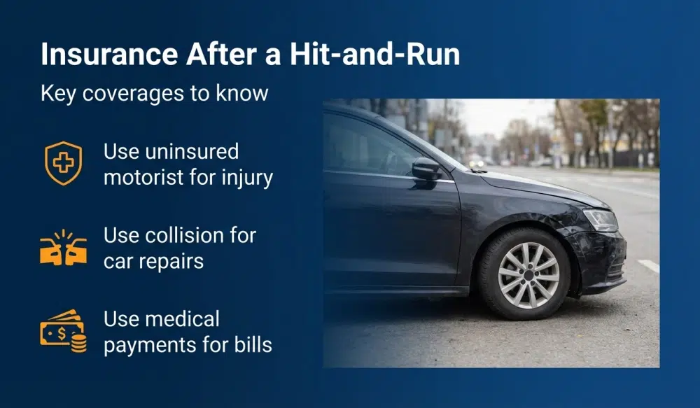 Insurance After a Hit-and-Run — Key coverages to know. Use uninsured motorist for injury; Use collision for car repairs; Use medical payments for bills.