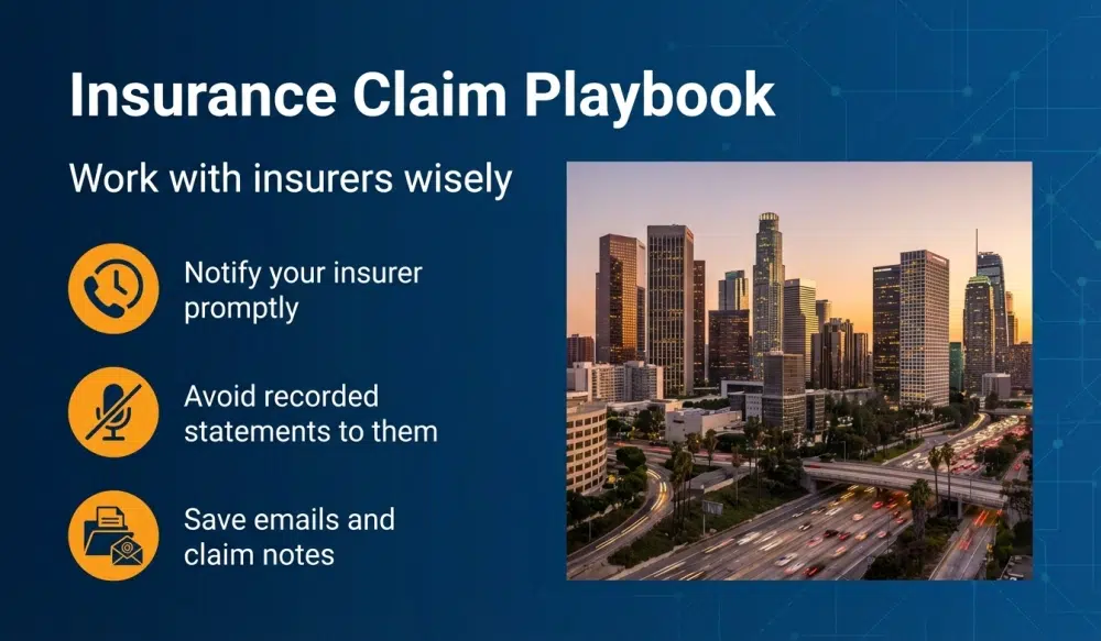 Insurance Claim Playbook - Work with insurers wisely. Notify your insurer promptly; avoid recorded statements to them; save emails and claim notes.