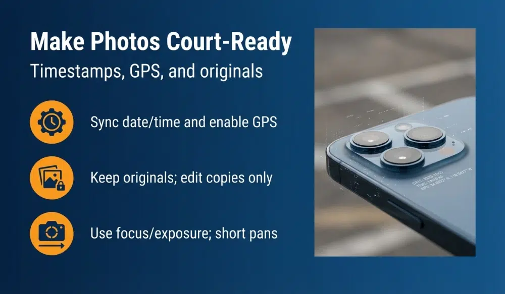 Make Photos Court-Ready — Timestamps, GPS, and originals