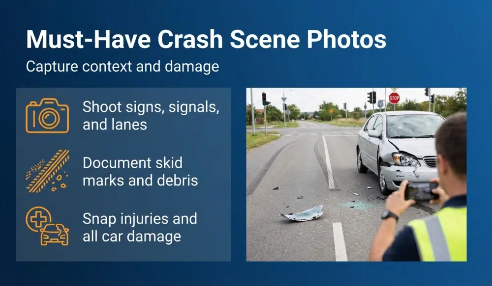 Must-Have Crash Scene Photos - Capture context and damage