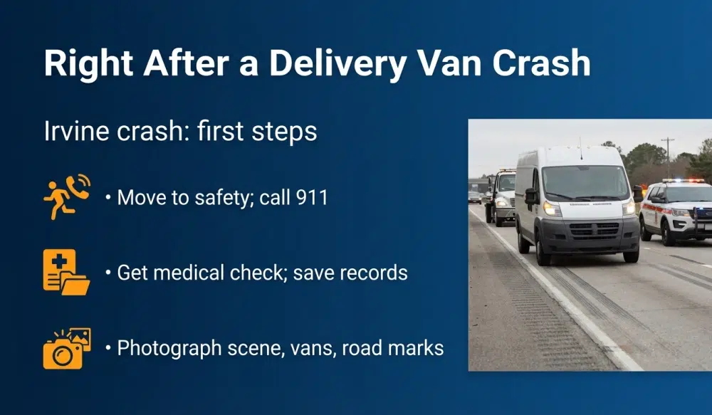 Right After a Delivery Van Crash infographic: Move to safety; call 911; Get medical check; Photograph scene, vans, road marks