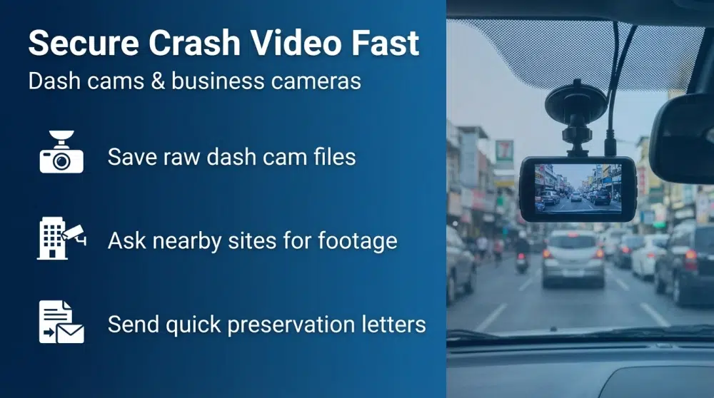 Secure Crash Video Fast infographic - Dash cams & business cameras; Save raw dash cam files, Ask nearby sites for footage, Send quick preservation letters