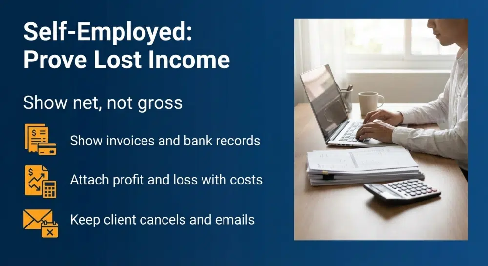 Self-Employed: Prove Lost Income — Show net, not gross