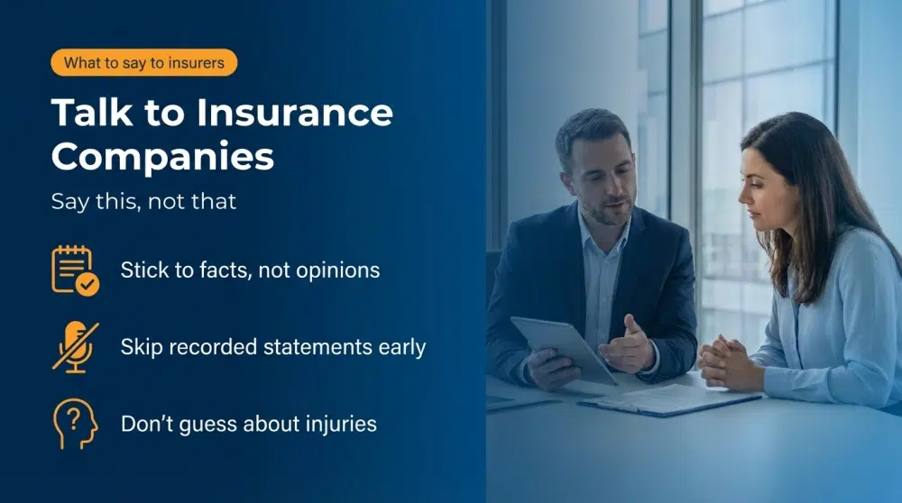 Talk to Insurance Companies - Say this, not that: Stick to facts, not opinions; Skip recorded statements early; Don't guess about injuries